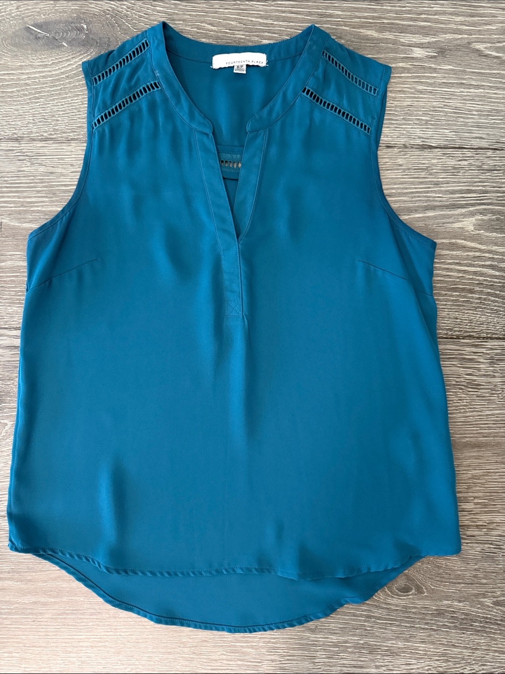 Sleeveless Teal Split-Neck Camisole with Ladder Trim